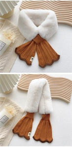 Detail of cross knit plush scarf with bear tag and scalloped edges in caramel and white