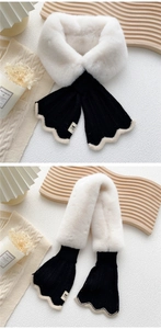 Detail of cross-knot faux fur and knit scarf with scalloped edges and branded label