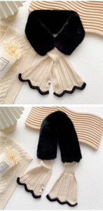 Detail of plush faux fur and beige knit scarf with H-logo label and wavy scalloped edge
