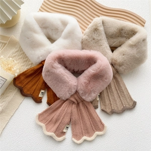 Women Winter Scarf Knit Faux Fur Cross Over Neck Warmer Scalloped Edge Thickened Warm Color Block Soft