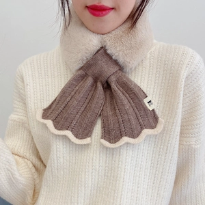 Winter knitted plush scarf in beige and brown with a cozy crossover design for women