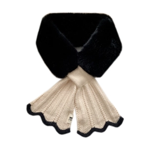 Winter knitted cross plush scarf with black faux fur and cream ribbed knit texture