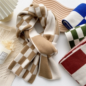 Classic checkered knit scarf for women, thick and warm stylish winter accessory in brown
