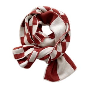 Thick red and white checkered knit scarf for women with warm double-sided texture