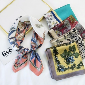 Chic 70cm silk-like square neck scarf set with elegant floral patterns for women