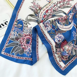 Elegant floral print 70cm square silk scarf with navy blue border and vintage pattern