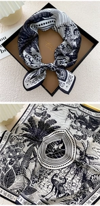 Artistic black and white silk scarf with palm tree and bird print in a premium gift box