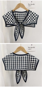 Front and back detail of houndstooth decorative fake collar scarf with a bow tie design