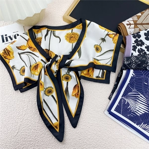 Floral print satin shawl scarf for women featuring yellow daisy and contrast borders