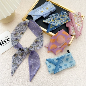 Set of six floral chiffon skinny scarves for neck hair or handbag decoration