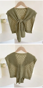 Front and back detail of army green hollow-out knit shawl showing knot design and texture
