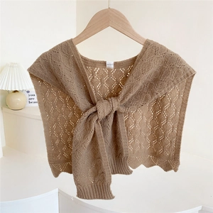 Light brown knitted hollow-out shawl wrap with knot design and scalloped edges