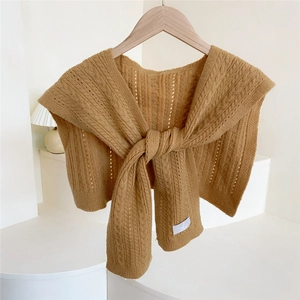Brown knit shoulder shawl with cable knit pattern and front tie detail for women