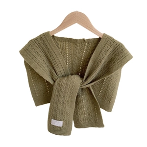 Olive green knitted shoulder shawl scarf with cable knit texture and knot detail