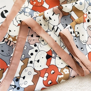 70cm silk-feel square scarf with cartoon cat prints and orange contrast edges
