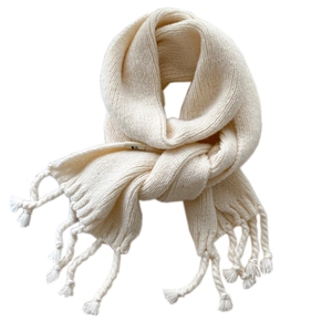 Chunky cream knit scarf with tassel fringe, soft winter neck warmer for women