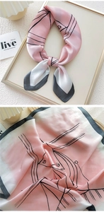 Detail of pink and white gradient satin scarf with abstract black line art and grey borders
