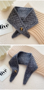 Detail of dark grey chunky knit scarf with vintage button and honeycomb texture