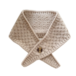 Beige knit buttoned neck warmer scarf with textured weave pattern for women