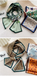 Close-up of lightweight satin scarves with vibrant floral and geometric patterns