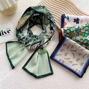 Floral print silk scarf for women, lightweight skinny necktie and hairband accessory