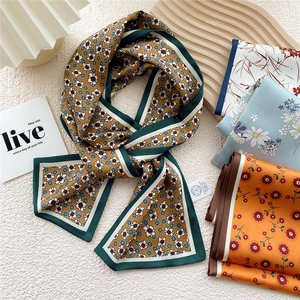 Floral silk-like skinny scarf with vintage patterns and elegant dark green border