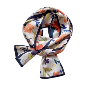 Floral print long silk scarf for women featuring heart patterns in a bow-knot style