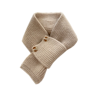 Knitted button cross scarf in oatmeal beige rib-knit for women winter warmth