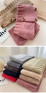 Macro detail of knit scarf with diamond pattern and three side buttons in various colors