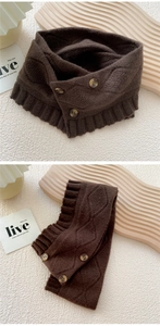 Detail of dark brown knit scarf featuring three buttons and ruffle edge texture