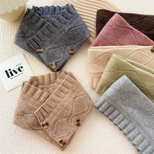 Three-button knit neck warmer scarf set with rhombus pattern in various colors