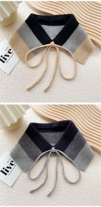 Dettaglio di scialli in maglia a righe con eleganti lacci decorativi in toni neutri