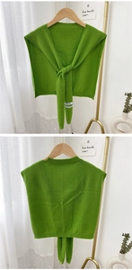 Detail of a bright green knit shawl with long ties shown from front and back views