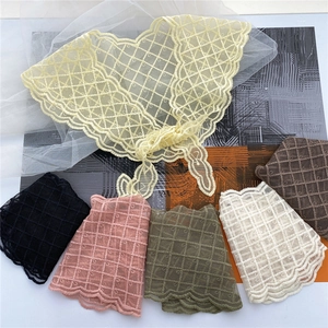 Plaid lace neck scarves in multiple colors with embroidered mesh and wavy edges