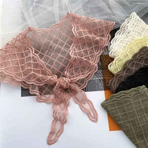 Plaid lace skinny scarf and decorative neckerchief set in multiple pastel colors