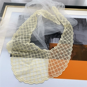 Lace plaid triangle scarf and hairband with scalloped embroidery in beige color