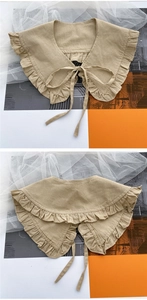 Detail of khaki cotton faux collar showing ruffled edges and adjustable tie strings