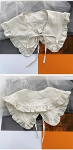 Detailed macro view of beige linen ruffled fake collar with elegant tie-up string