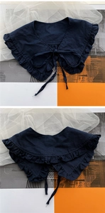 Detail of navy blue double-layered ruffle collar with front tie closure for women