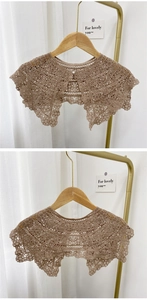 Detail of crochet floral hollow lace collar in brown with an elegant pearl button