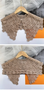 Detail view showing beige crochet lace floral shawl with delicate pearl button closure