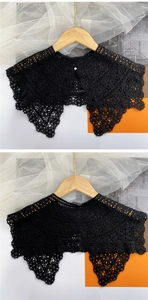 Front and back detail of black floral lace collar with a single pearl button closure
