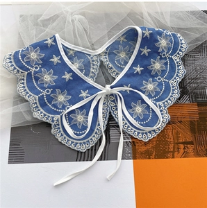Navy blue faux collar with white floral embroidery and ribbon tie for women