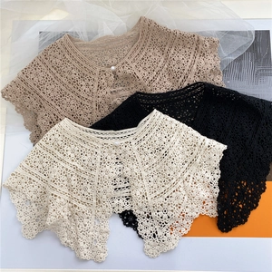 Lace hollow floral shawl with pearl button closure in apricot black and beige colors