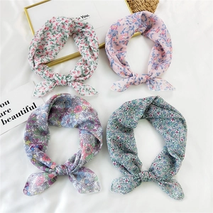 Floral cotton linen square scarves with vintage botanical prints and knotted bow style