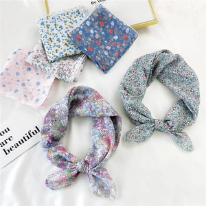 Set of floral cotton linen square scarves in multiple fresh colors on white background
