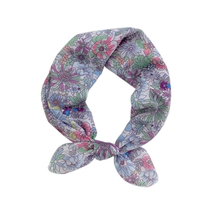 Floral cotton linen neck scarf with purple and pink prints on a white background