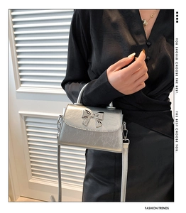 Silver mini crossbody bag with metallic bow detail shown on a model in black top
