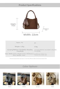 Detailed technical specifications and dimensions for this quilted PU leather bucket handbag
