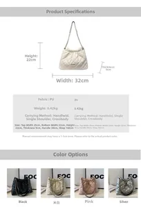 Detailed sizing chart and color guide for the quilted chain crossbody bucket bag